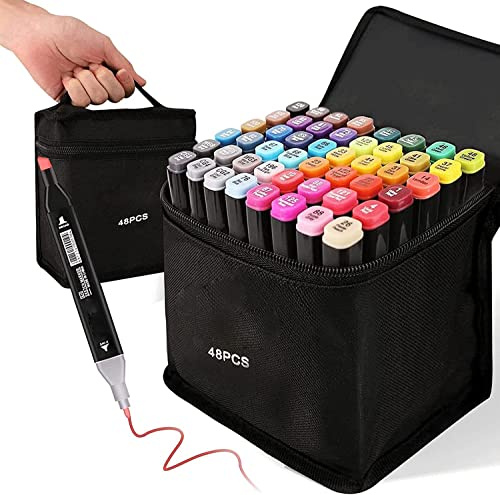 Alcohol Markers Set Alcohol Pens - 49 Colour Dual Tip Marker Set for Adults Kids Art Double Tip Pen Permanent Markers for Drawing Sketching Colouring Graffiti Anime Manga Design with Carrying Case