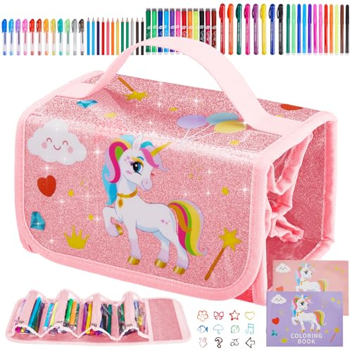 KINSPORY Einhorn Federmäppchen für Mädchen 4 5 6 7 8 9 10 Jahre, Einhorn Malset Geschenke mit duftenden Glitzerstiften, drehbaren Buntstiften und lustigen Stempelmarkern als Geburtstagsgeschenke
