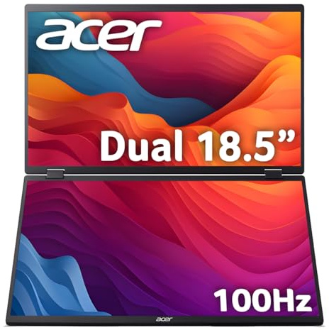 acer PD3 PD193QE 18.5 Foldable Portable Dual Screen Monitor | Full HD | 100Hz | HDMU | USB C | Built In Speakers | VESA Mountable | Adaptive Sync
