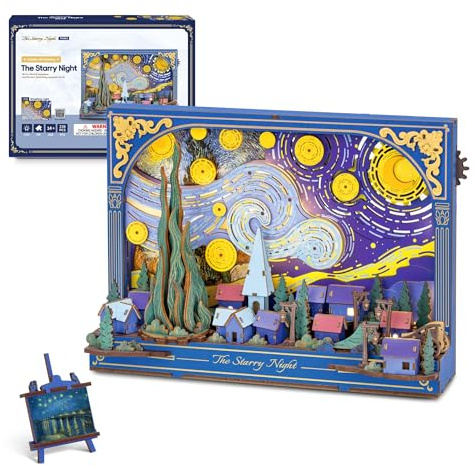 ROBOTIME 3D Wooden Puzzle The Starry Night, Model Kits for Adults to Build, Hangable Art 3D Painting Wall Decor, DIY Construction Craft Model Building Set, for Christmas
