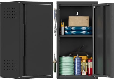 Yoonkool Garage Wall Cabinet, Metal Wall Cabinet with One Door, 13.78'' Wide Black Wall Mounted Floating Cabinet for Garage, Warehouse, Kitchen, Bathroom, Launtry, Home Office