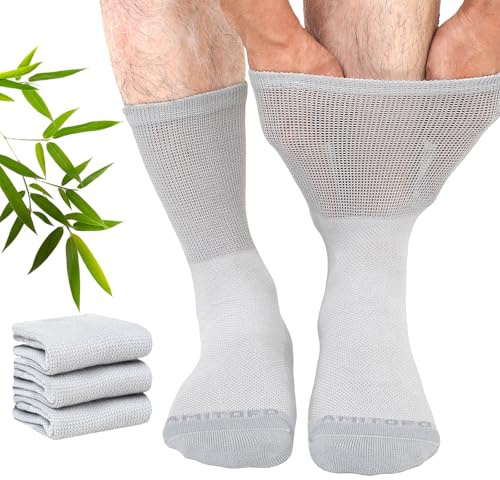 LOFIR Calze Diabetici Uomo e Donna: Calzini Sanitarie in Bambù Senza Cuciture con Suola in Spugna Extra Larghi Senza Elastico per Piedi Gonfi e Anziani 3 Paia Taglia 47-50 Grigio