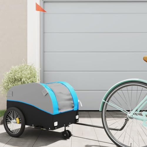 QUAHEAS Rimorchio per bicicletta nero e blu, in ferro, con portata di 30 kg, 123 x 52 x 53 cm, timone e bandiera di sicurezza per trasporto di carichi e shopping, attività all'aperto, viaggi