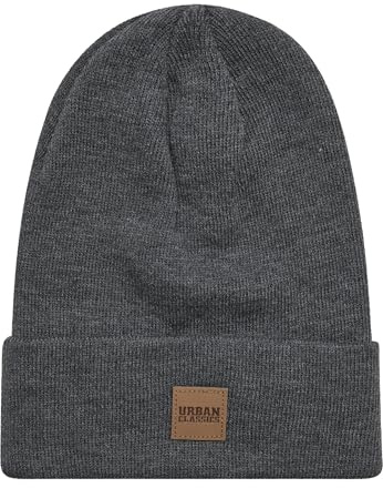 Urban Classics Leather Patch Long Beanie, Many Colours (One Size, Charcoal)