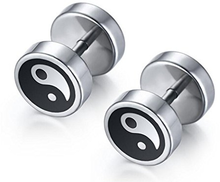 Ying Yang Mens Earrings Stainless Steel Fake Plug Stud Barbell Stretcher 8mm