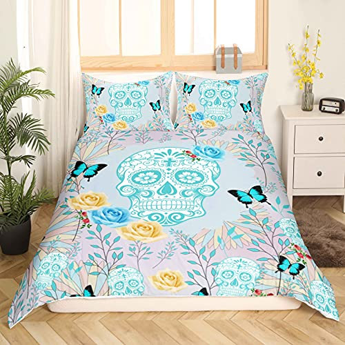 Loussiesd Sugar Skull Duvet Cover Set Double Size Skulls Pattern Bedding Set Bones Roses Flowers Print Microfiber Polyester Comforter Cover with 2 Pillow Shams, Blue Butterfly, 3 Pieces