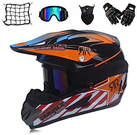 MRDEAR Casque Moto Cross Adulte Casque Motocross Moto Set, Filet à Elastique/ Goggle/Gants/Masque, Casque VTT Integral BMX Enduro pour Femme Homme Enfant, Noir et Orange/ Rockstar,XL