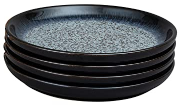 Denby - Halo Coupe Medium Plates Set of 4 - Reactive Glaze Dishwasher Microwave Safe Crockery 21cm - Black, Grey Ceramic Stoneware Tableware - Chip & Crack Resistant