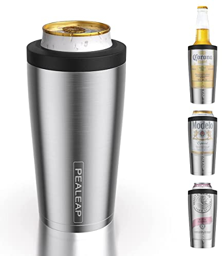 4 in 1 Insulated Slim Can Cooler for 12 OZ Cans and Beer Bottle - Keep 8 Hours Cold, Easy to Hold - Stainless Steel Can Holder, Double Walled Can Insulator for Hard Seltzer and More (Stainless Steel)