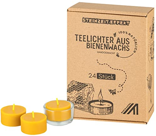Steinzeiteffekt Candele tealight in cera d'api – realizzate a mano dall'apicoltore biologico con portacandele in vetro – certificato FSC – senza pesticidi – 100% cera naturale (24 pezzi)