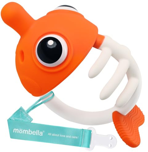 Teething Toys 3-6 Months, Mombella Clownfish Teethers for Babies 6-12 Months, Soft Silicone Baby Teether Toys with Anti Drop Clip, Baby Chew Toys 6 to 12 Months, Infant Teething Relief Toy, Orange