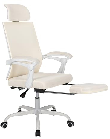 UEV Ergonomisch Bürostuhl aus Mesh, Schreibtischstuhl mit Fußstütze, Drehstuhl mit Verstellbarer Kopfstütze Lendenwirbelstütze, höhenverstellbar neigbar bis 135°, atmungsaktiver Stoff, Beige