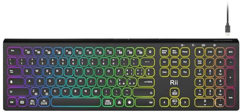 Rii RK801 - Tastiera retroilluminata RGB con doppia tecnologia di collegamento (Wireless + Bluetooth) per gestire fino a 3 dispositivi connessi, supporto per smartphone e tablet integrato a scomparsa