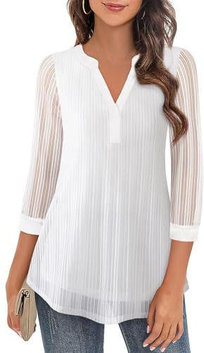Flikity Blouses for Women UK,Office Tops for Women UK 3/4 Sleeve Ladies Tops and Blouses Work Attire Professional Career Outfits Spring Fall Tunics Tops Loose Fit No Iron Long Shirts Stripe White XL