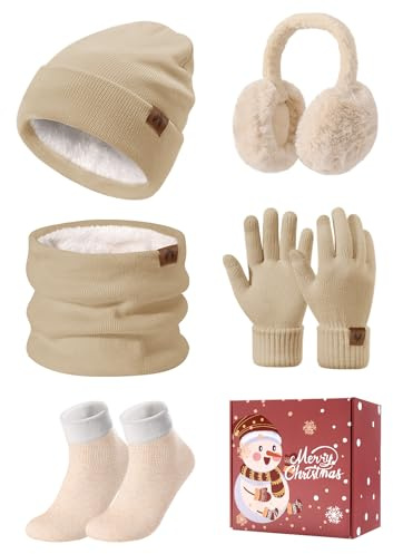 UMIPUBO Mütze Schal Handschuhe Damen Winter Set Wintermütze Fleece Gefütterte Beanie Loop Schlauchschal Wärmer Touchscreen Plüsch Ohrenwärmer Verdickte Ohrenschützer Socken-5 Stück Set，Khaki