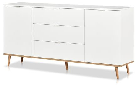 KHG Sideboard 2-türig mit Einlegeboden 3 Schubladen Scandi, Kommode aus Holzwerkstoff weiß foliert für Wohnzimmer und Esszimmer, 180 x 87 x 40 cm (B/H/T)