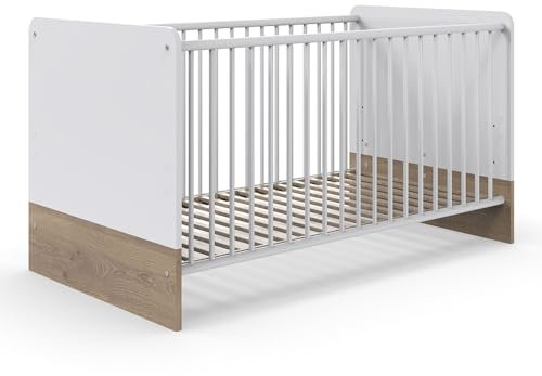 Lomadox Babybett Gitterbett Kinderbett Liegefläche 70x140cm weiß mit Eiche Schlupfsprossen 80x85x143 cm