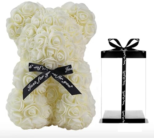 Generico Orso in Rosa, Orso Fiorito Teddy, Romantico Orsetto Con Scatola Regalo Trasparente Per San Valentino, Anniversario, Festa Della Mamma, Fidanzata (F- Bianco)
