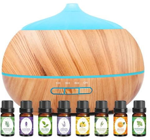 Aroma Diffuser Set mit 8 Ätherischen Ölen: 500ML Ätherische Öl Diffuser Ultraschall Luftbefeuchter Cool Mist Raumbefeuchter - Aroma Diffuser für Ätherische Öle für Büro Zuhause Wohnzimmer Schlafzimmer