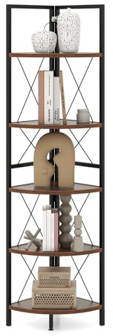 COSTWAY Estantería Esquinera de 5 Niveles, Librería Esquinera Industrial con Estructura de Metal, Estantería de Esquina para Salon, Oficina, Cocina, 35,5 x 35,5 x 159,5 cm (Marrón Rústico)