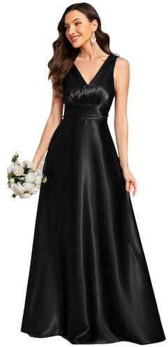 Ever-Pretty Women's Spring Satin V Neck Formal Wedding Guest Dress Floor Length Empire Waist Prom Dresses with Pockets Black US24