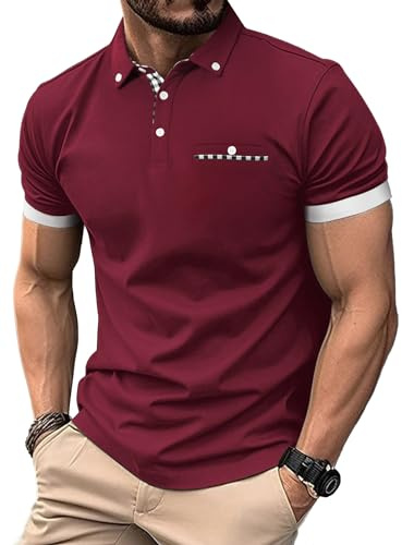 DEARCASE Herren Sommer Polo Shirts Casual Kurzarm Plaid Spleiß Cotton T-Shirt Golf Tennis Tops, Medium Wine Red
