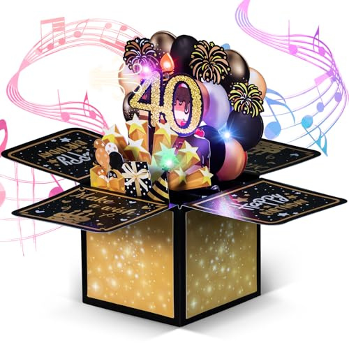 Joyoldelf 3D Pop Up 40th Birthday Card - LED Light & Sound Musical Birthday Cards with Blowable Candle, Note Sheet & Envelope - Gold Explosion Box Happy Birthday Card for 40 Years Old