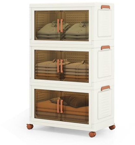GIANTEX Contenitore di Archiviazione in Plastica, Organizzatore Impilabile con Coperchi e Porte, 4 Ruote, Scatole Organizzatore Pieghevoli per Soggiorno, Camera da Letto (62,5 x 34,5 x 99,5 cm)