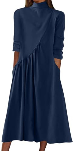 Maglione da donna a maniche lunghe, per il tempo libero, invernale, plissettato, tinta unita, con tasche, abito in pizzo blu (blu navy, XL)