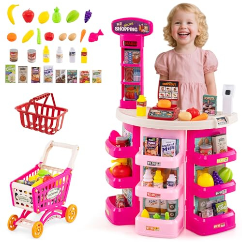 COSTWAY 29 PCS Marchande Enfants avec Chariot de Courses & Scanner avec Lumière et Son, Supermarché Enfant avec Étagères, Caisse & Balance, pour Garçons Filles 3+ Ans (Rose)