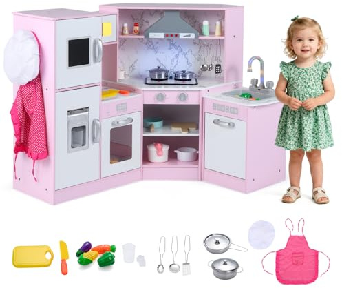 HOMASIS Cuisine d'angle pour Enfants en Bois, Cuisine Jouet avec lumière, Son et Vapeur, 16 Accessoires Inclus, Cuisine Jouet avec évier, cuisinière, Four, Micro-Ondes, Machine à glaçons (Rose)