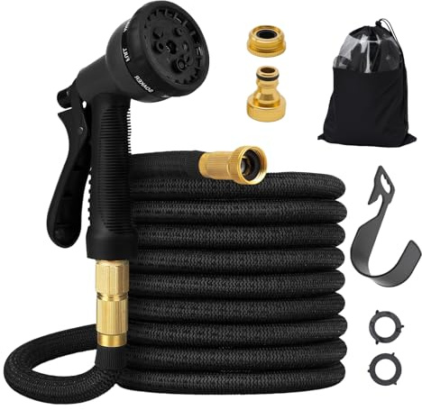 Ollanoos 30 m/100 fot flexibel trädgårdsslang, stretchig vattenslang med 8 sprayfunktioner, inklusive snabbanslutningar, förvaringsväska och väggfäste
