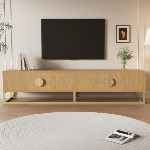 Jaxenor 180cm TV Cabinet with 4 Doors, TV Stand Cabinet with Semi-Circular Handles, Modern Entertainment Unit for Living Room, Supports TVs Up to 75 Inches, Natural