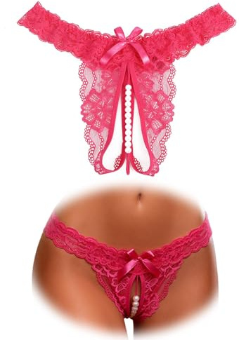 comeondear Tanga Abierto para Mujer de Encaje Bragas Abertura con Perlas Talla Grande Tangas Abierta de Cintura Baja Thong String Ropa Interior Sexy Lenceria Atrevida Transparente Lazos Rosa,XL