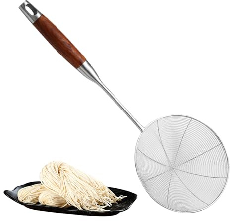 Colino a – Cucchiaio per scodelli in acciaio inossidabile per cucina | Filtro a maglie da 43,3 cm, filtro in acciaio inossidabile con manico in legno e anello di sospensione | Cucchiaio per