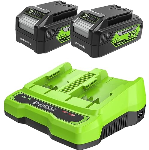 Greenworks 24V Akkus & Doppellader Ladegerät - Zwei 4Ah Batterien, wiederaufladbarer Akku für alle Greenworks 24V Geräte, 48W Output 4A Spannung lädt eine einzelne Batterie in 60 Min - G24B4 & G24X2C