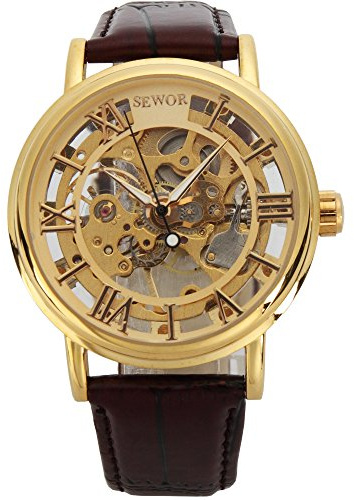 SEWOR Montre mécanique à remontage Manuel avec Squelette Transparent Style Vintage (Or)