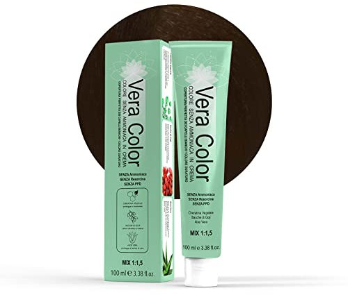 Vera Color - Castano Chiaro Dorato 5.3 - Colorazione Professionale Long Lasting in Crema Senza ammoniaca con Cheratina Vegetale, Aloe Vera e Bacche di Goji - Copertura Totale Capelli Bianchi - 100ml