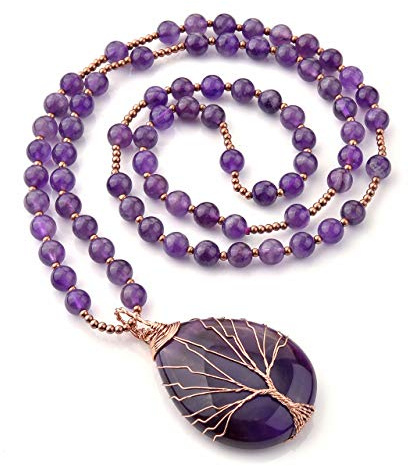 Top Plaza Healing Crystal Amethyst Necklace Natural Stone Beads Tree Life Wire Wrapped Teardrop Gemstone Pendant Jewelry for Women for Mom
