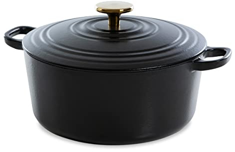 BK Cookware German Enamelled Iron, 28 cm/6.7 Litre Dutch Oven Casserole Dish with Lid, Gold Knob, Induction, Dishwasher & Oven Safe, Pitch Black