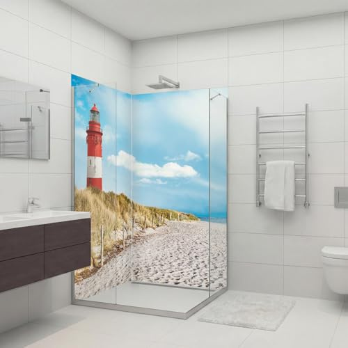 dedeco Paroi de douche imperméable avec motif phare V1 – 2 x 90 x 200 cm, paroi arrière de salle de bain pour remplacement du carrelage, mur décoratif, revêtement mural et plateau de douche en
