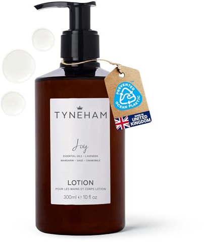 TYNEHAM Joy Hand and Body Lotion 300ml Amber Bottle – Natural Body Moisturiser for Women, Hydrating Vegan Hand Cream Pump, Cruelty-Free Lotion with Essential Oils, Refillable Pump, Made in England