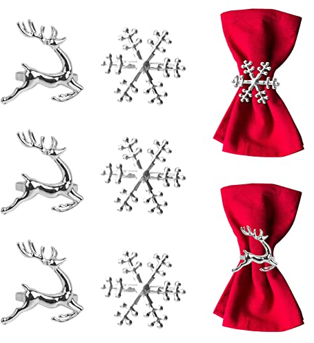 Weihnachten Serviettenringe Set von 8 Silber Serviettenringe Schneeflocke Rentier für Weihnachten Mittagessen Thanksgiving Party Urlaub Weihnachten Hochzeit Tischdekoration Wichtelgeschenk