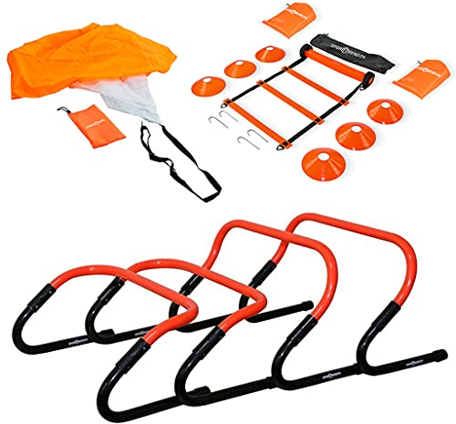 Sporttrend 24® Agility Set bestehend aus Einer Koordinationsleiter, einem Fallschirm und Markierungshütchen | Trainingsset, Fußball, (Schwarz/Orange, Agility Set + verstellbare Hürden)