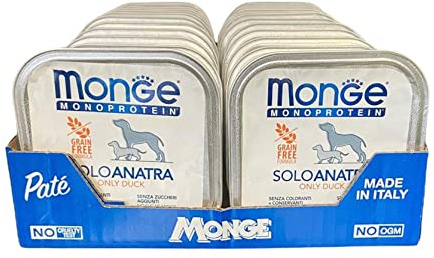 Monge Monoprotein Cibo umido per Cane solo Anatra, naturalmente senza coloranti, conservanti e zuccheri aggiunti. Confezione da 24 vaschette (1 = 150gr.)
