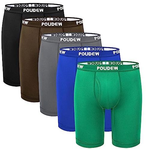 POUDEW Men's Breathable Mesh No Roll Waistband Tagless Athletic Long Leg Boxer Briefs, Pack of 5 (X-Large, Black/Grey/Olive/Blue/Green)
