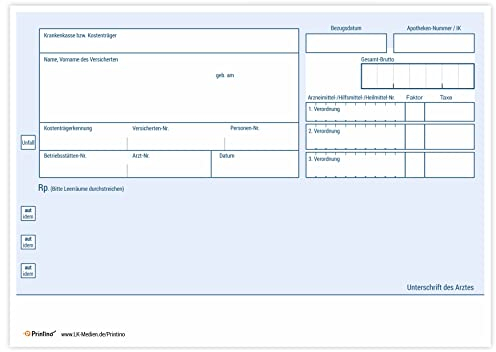 PRINTINO® | Privatrezepte blau für Ärzte und Heilpraktiker | 250 Blatt DIN A6 | Privatrezept Vordruck | Arzt Zubehör | blanko Rezept | ungeblockt | Vorlage für Arztempfehlung (Blau)