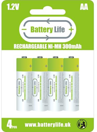 Battery Life AA Rechargeable Batteries NI-MH 1.2V Long Life UK Brand (AA 300mAh, 4 pack)