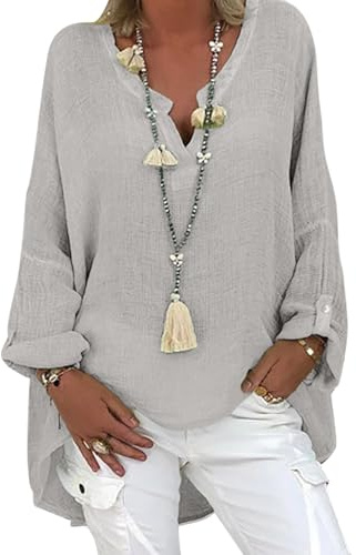 Blusa de lino para mujer, blusa de verano, túnica con cuello en V, tallas grandes, camiseta de blusa, camiseta de manga larga, lino, algodón, camisa de impresión