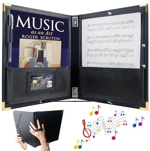 IvyRobes PU Leather Sheet Music Folder, 12.5 x 10 Choir Folder with Elastic String & Hand Strap,10 Pockets Fits 8.5 x 11, A4, 9 x 12 Sheets for Piano,Choral & Music Performance Black